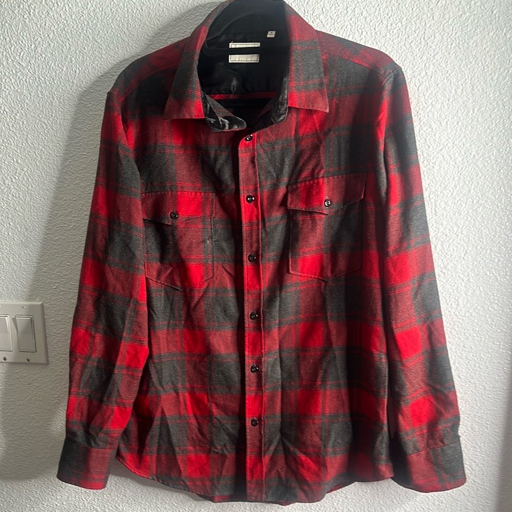 7 diamonds Red and Black Plaid Men's button down Shirt size m hipster